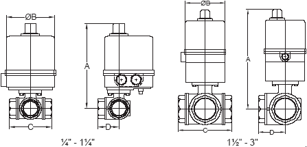 Electrically Actuated 3-Way Brass Ball Valves - 'T / L' Port Dimensions